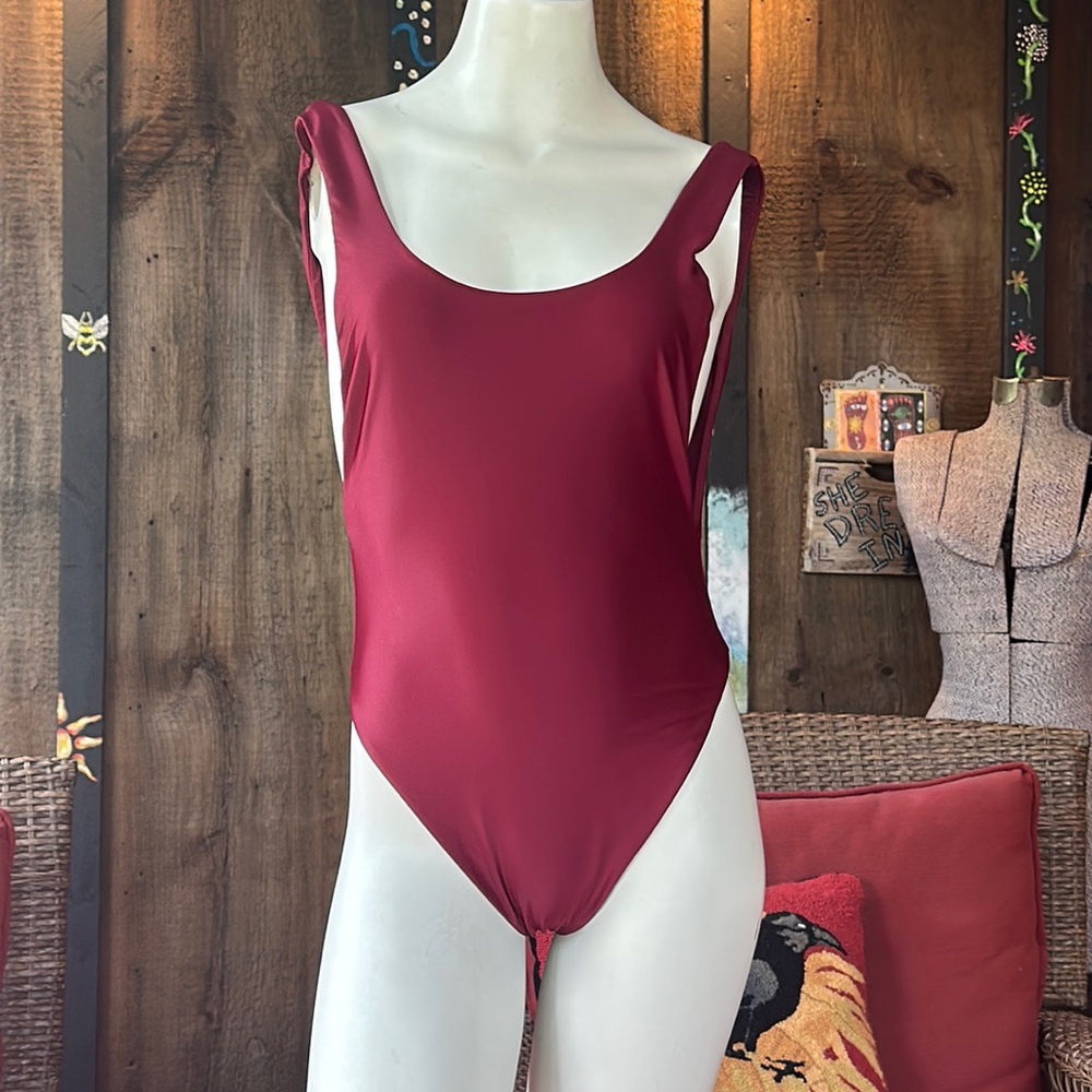 Aerie Highcut One Piece Swimsuit Long burgundy maroon wine color size small